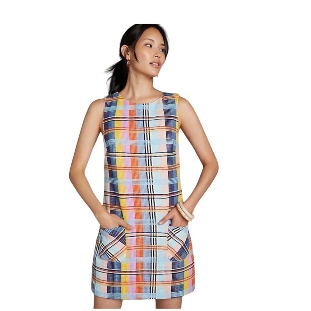 Anthropologie Eva Franco Size 6 Colorful Plaid Sleeveless Shift Dress Pockets